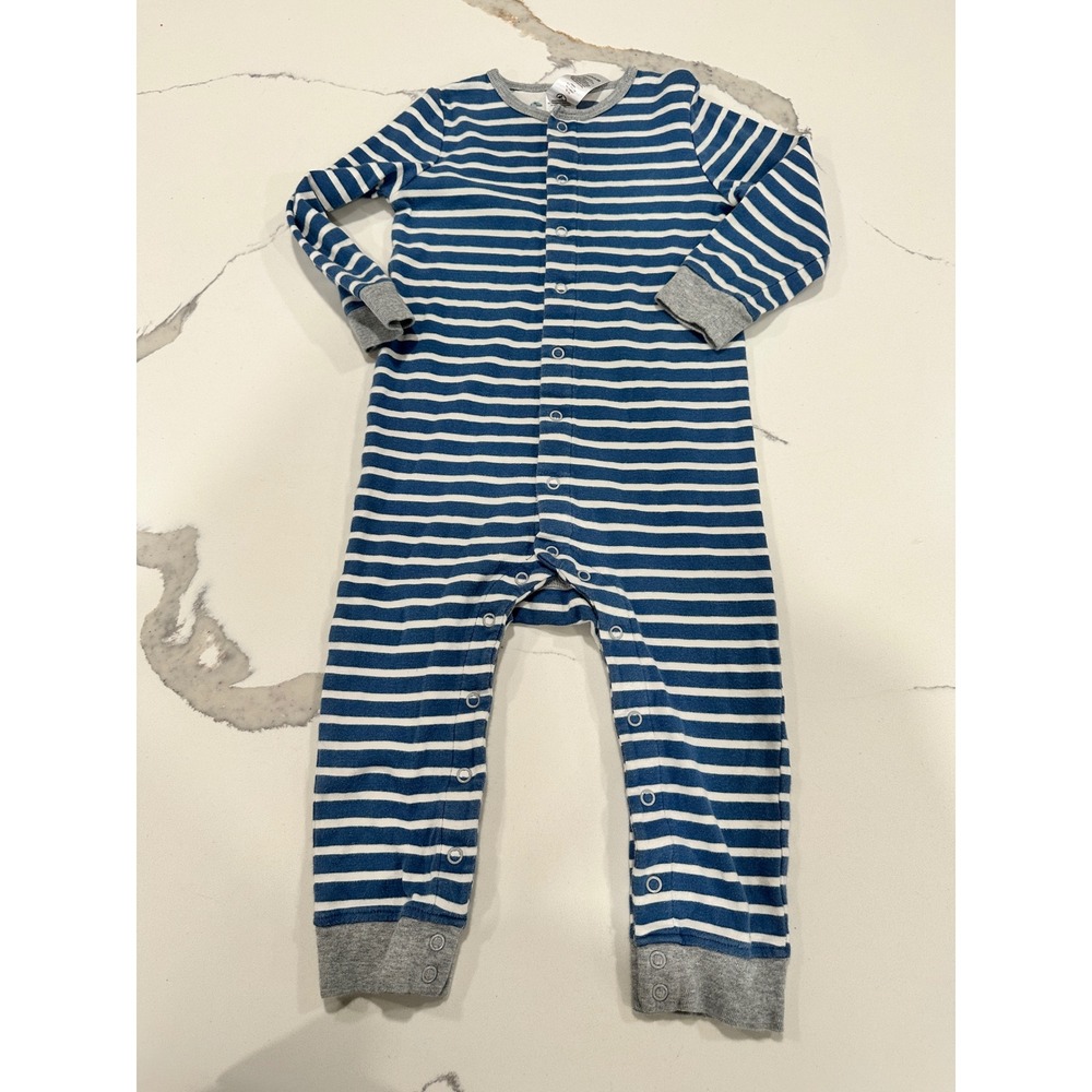 Baby Boden Blue White Striped Cotton Long Sleeve Snap Romper 18-24 Months